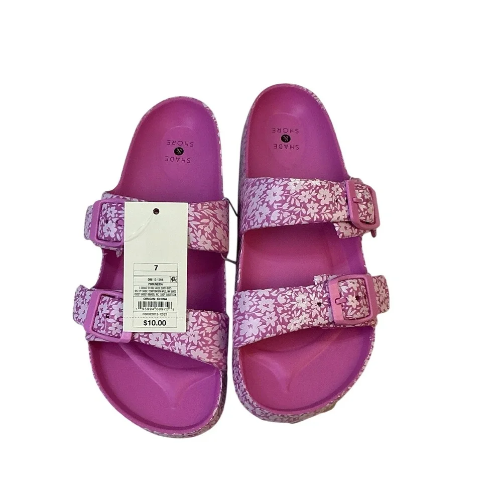 Shade & Shore Neida Two Band Slide Sandals Pink/Flower Women's Size 7 Beach Pool